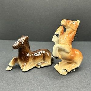 Vintage Horse Sitting Bucking Salt Pepper Shakers Brown Japan 3 inch